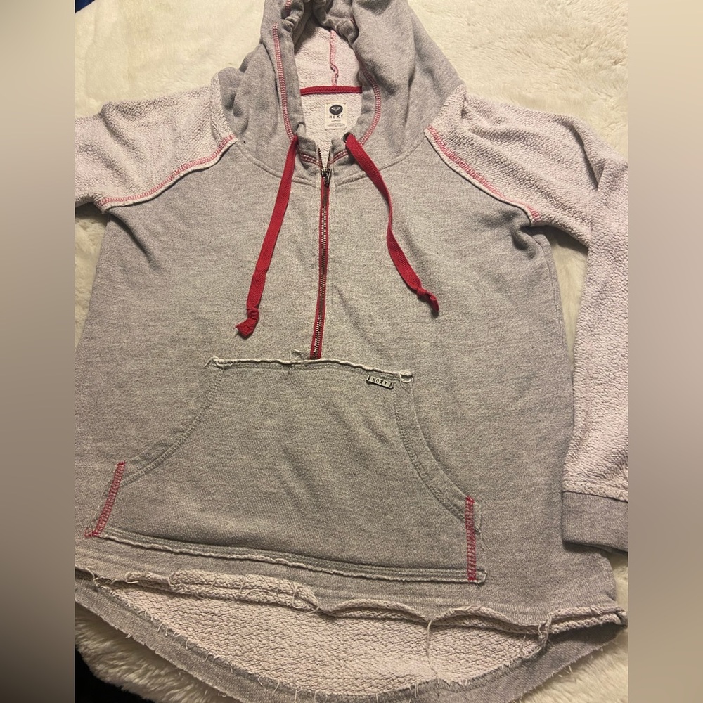 ROXY light grey raw hem pullover pink drawstring hoodie Large - Picture 2 of 9